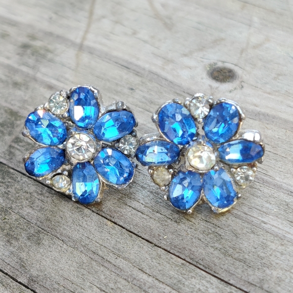 Vintage Bogoff blue and white rhin stone earrings - Picture 3 of 8